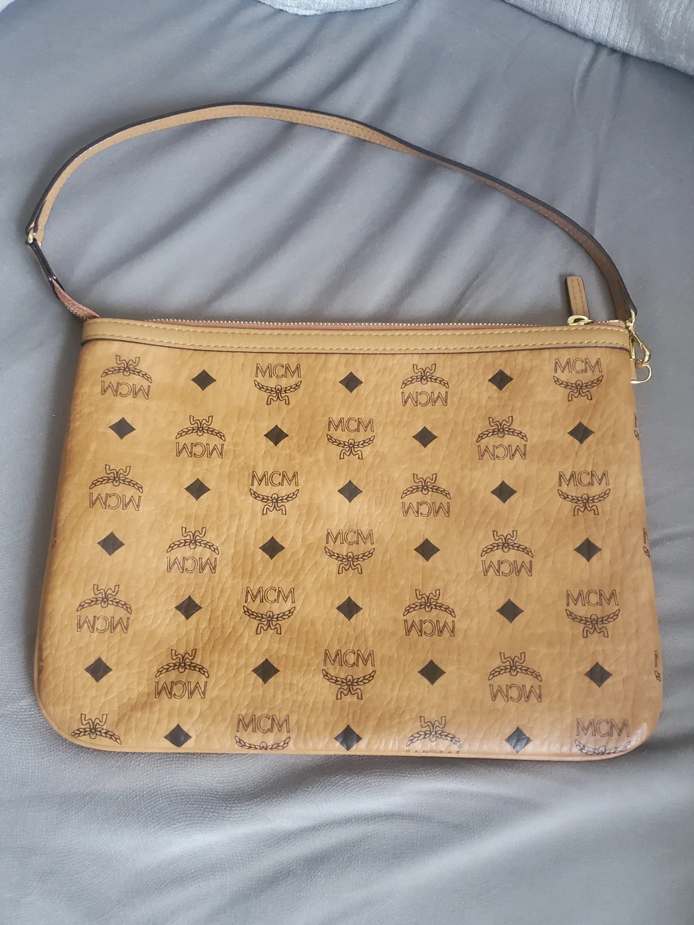 MCM Authentic Leather Cognac Visetos Logo Zip Pouch Shoulder Bag Like New